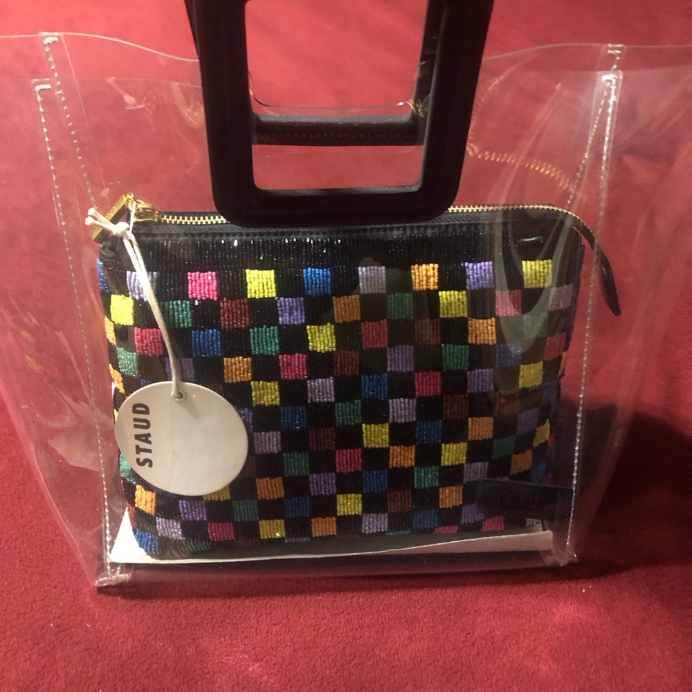 Staud Clear Bag With Multicolor Checkered Pouch.